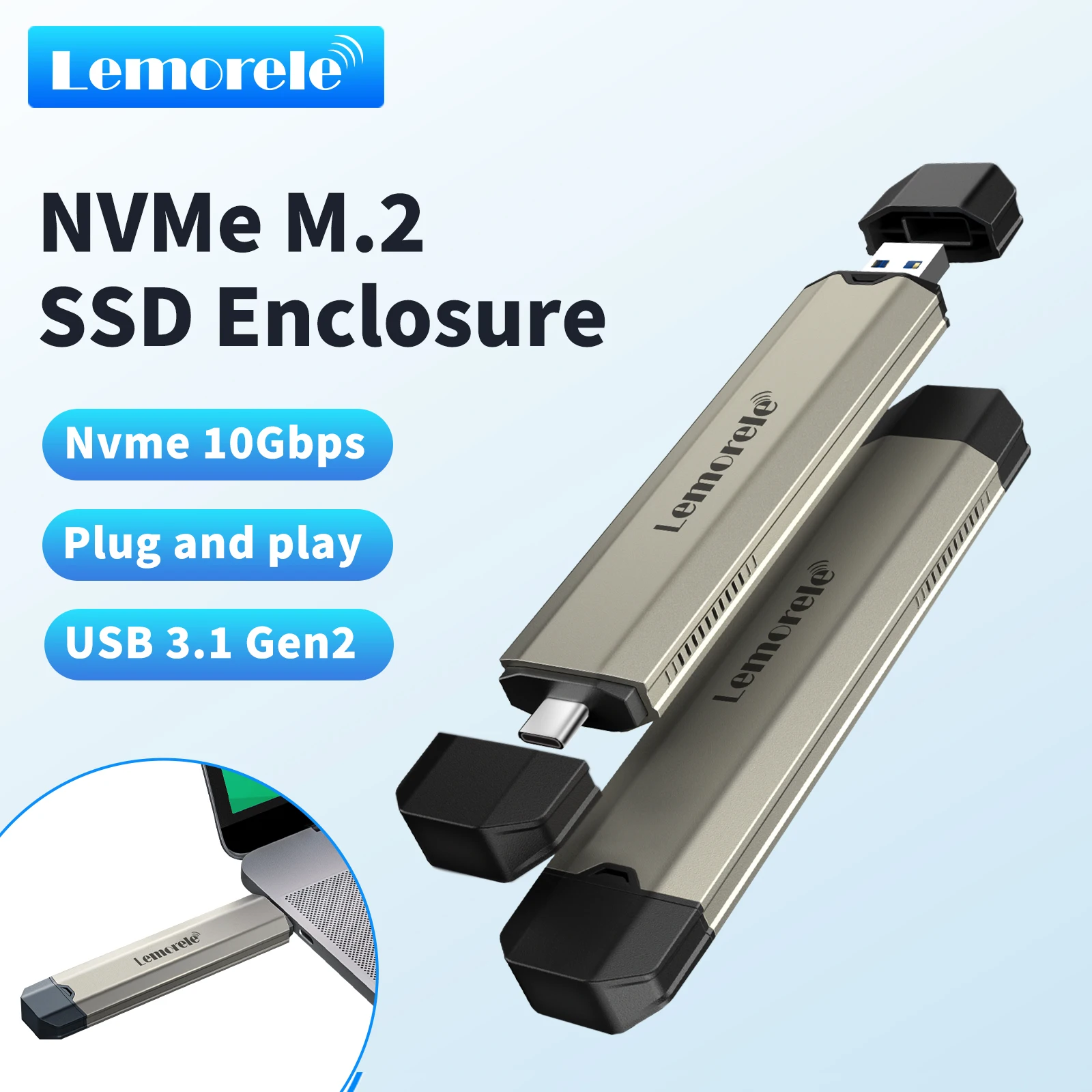 

Lemorele M2 SSD Case M.2 NVMe SATA SSD Enclosure Адаптер 10 Гбит/с USB 3.1 Gen2 USB C Внешний корпус поддерживает M и B&M клавиши