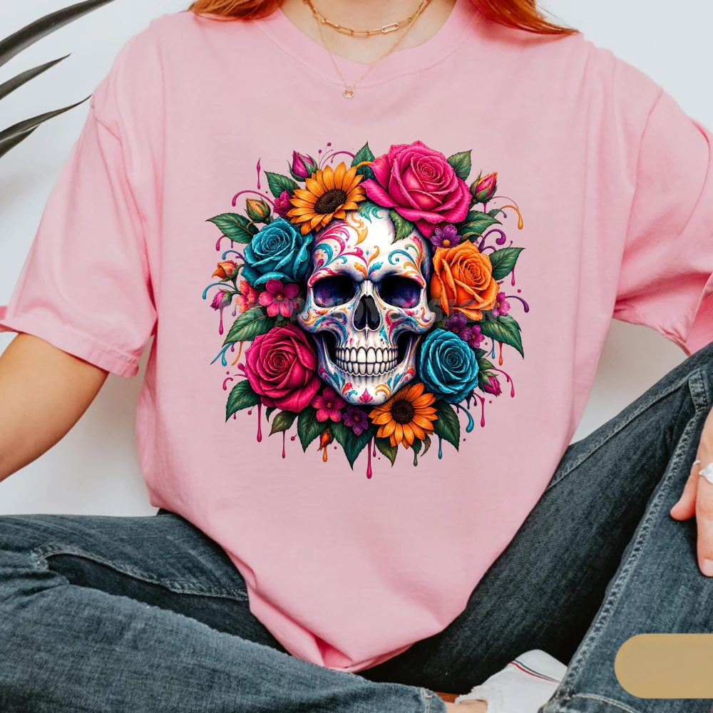 Floral Skull Printing Tshirt Gothic Skull Day Of The Dead Shirt Women Trendy Casual Cotton Top Mexican Festival Celebrations Tee