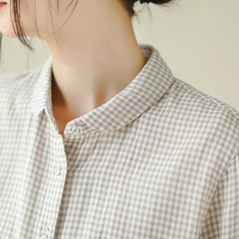 

High-End Japanese Sle Retro Small id Cotton Linen irt Women's Spring Autumn Long Sve Casual Top Sweet Sle Doll Collar