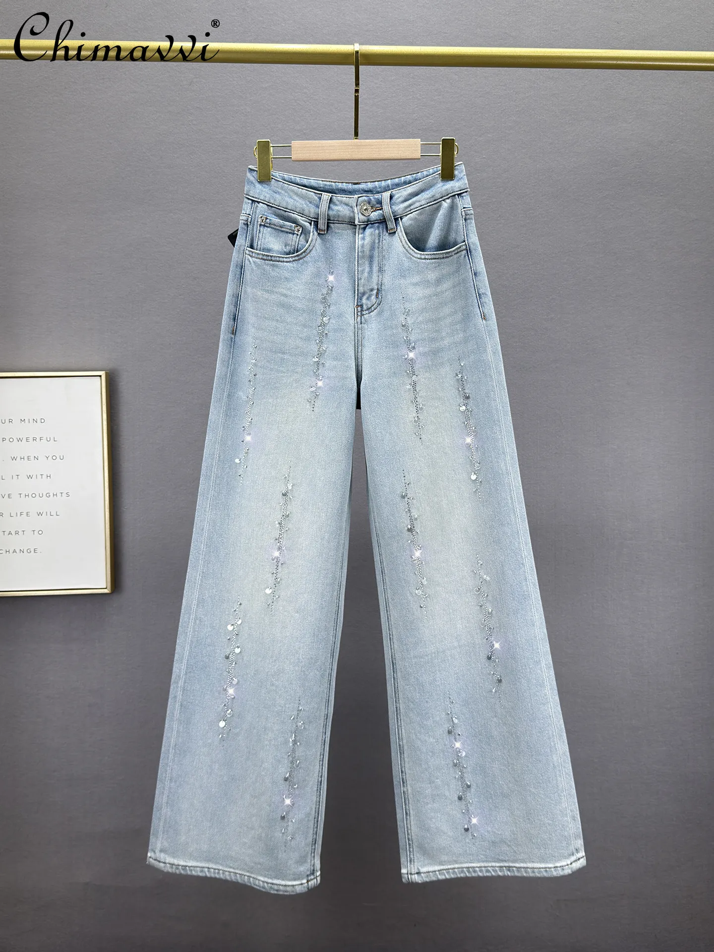

Heavy Hot Diamond Sequin Denim Loose Pants Women's 2026 Spring New Fashion High Waist Loose Slimming European Long Pants