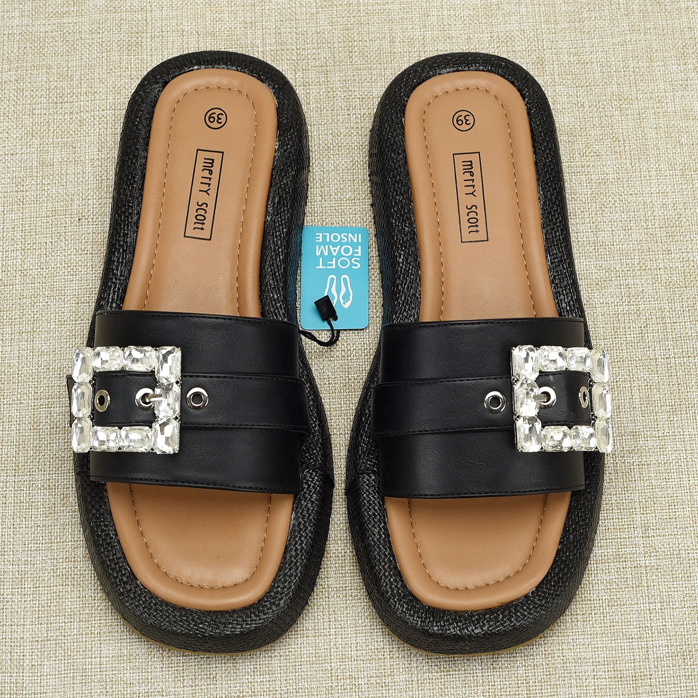 Black Casual Square Head Flat Bottom Women's Sandals Outdoor Beautiful Grass Weave Diamond Buckle Half Slippers