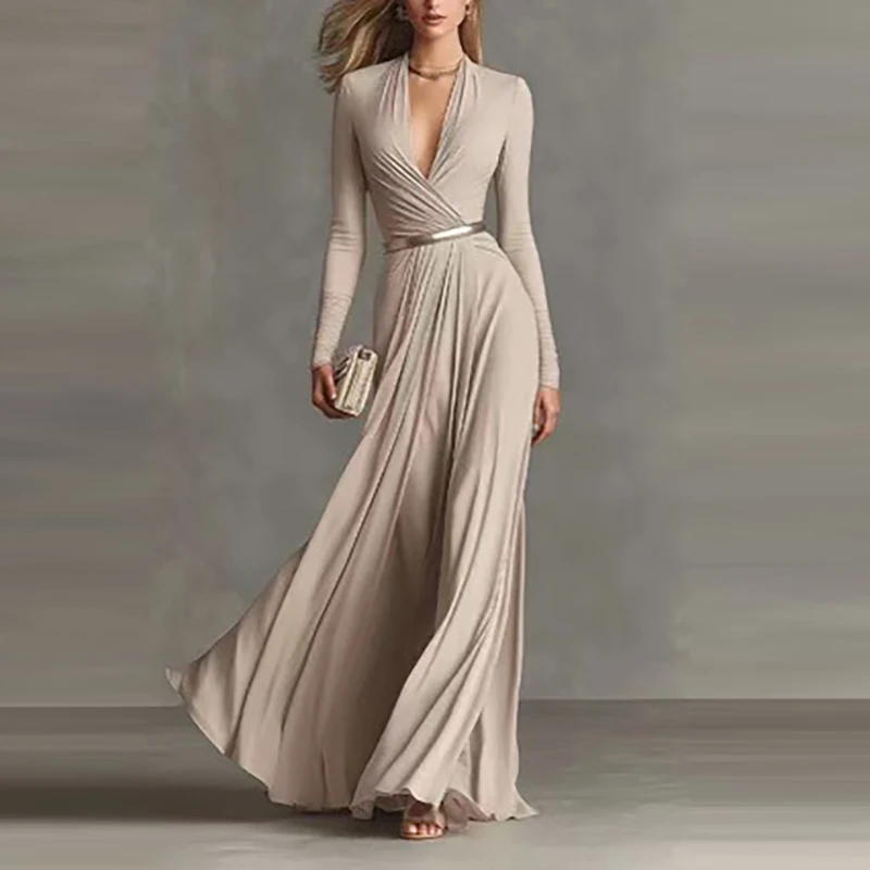 

Весенне-осеннее модное платье-рубашка однотонного цвета с V-образным вырезом, длинными рукавами и плиссировкой, повседневное женское платье с завышенной талией для офиса и вечеринок