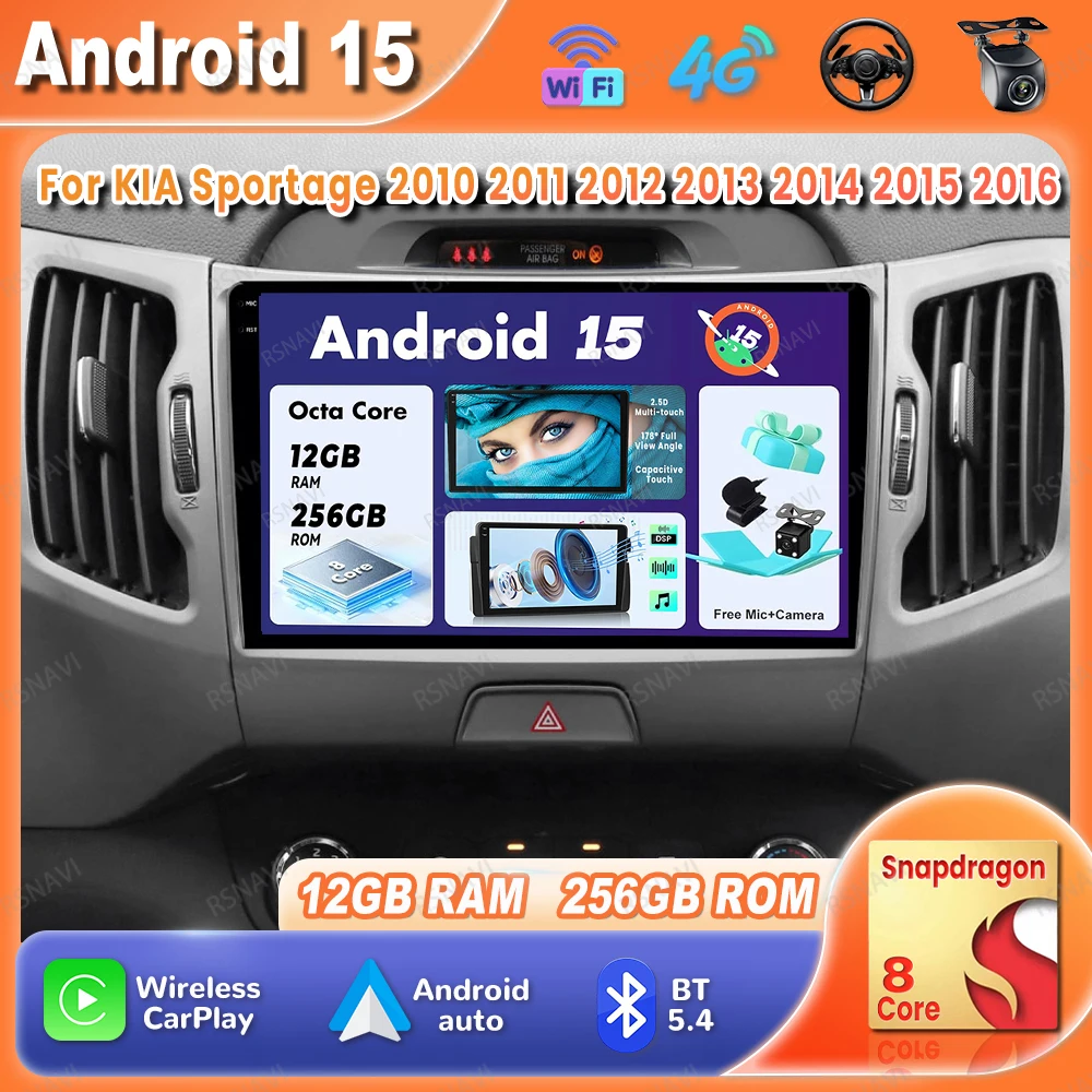 

Car Radio Android 15 For KIA Sportage 2010 2011 2012 2013 2014 2015 2016 Viedo Player 4G LTE 5G WIFI Wireless Carplay Auto DVD