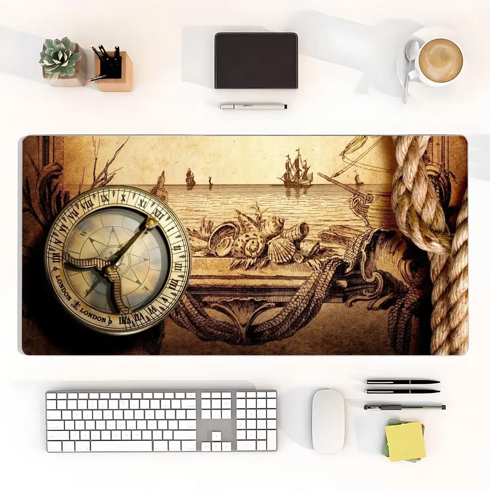 Natural rubber old scroll compass rope desk mat vintage adventure non-slip stitched mouse pad with stitched edges