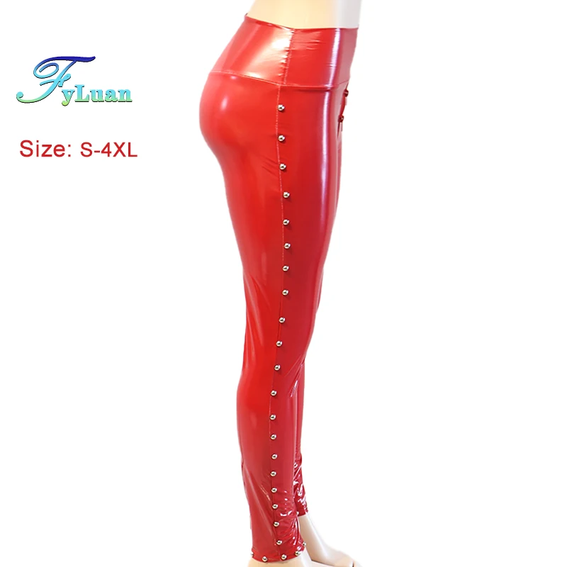 

New Mirror Shiny PU Leather Skinny Women Pants Rivet Stage Club Long Trousers Tights Gothic Party Rock Band Performance Costumes