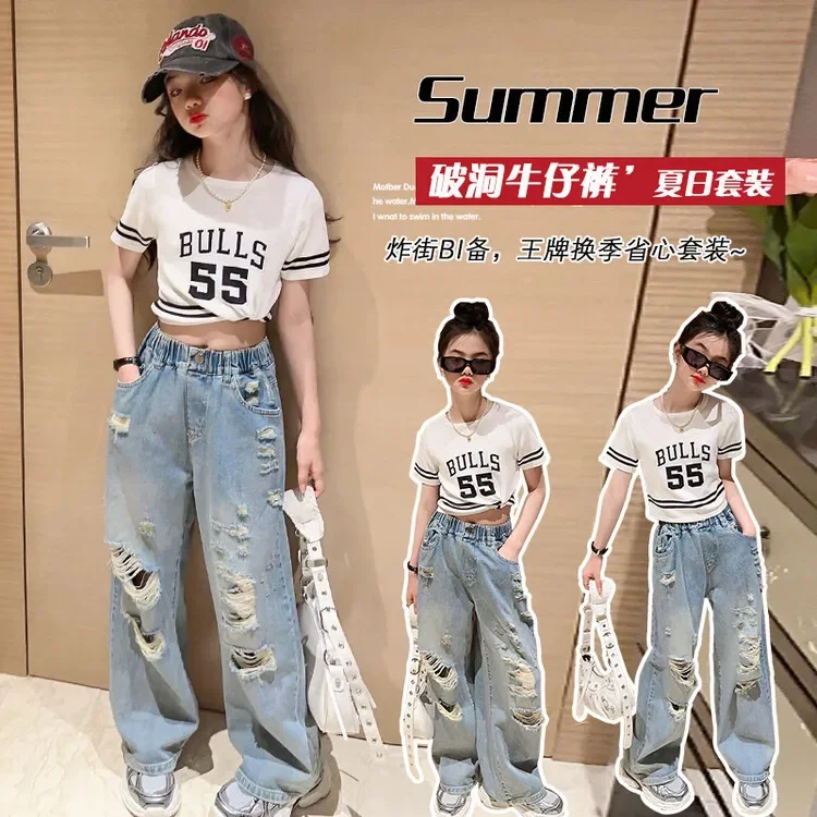 Jeans estivi per ragazze nuovo abbigliamento estivo per bambini in stile occidentale Casual pantaloni a gamba larga strappati per bambini medi e grandi all'ingrosso