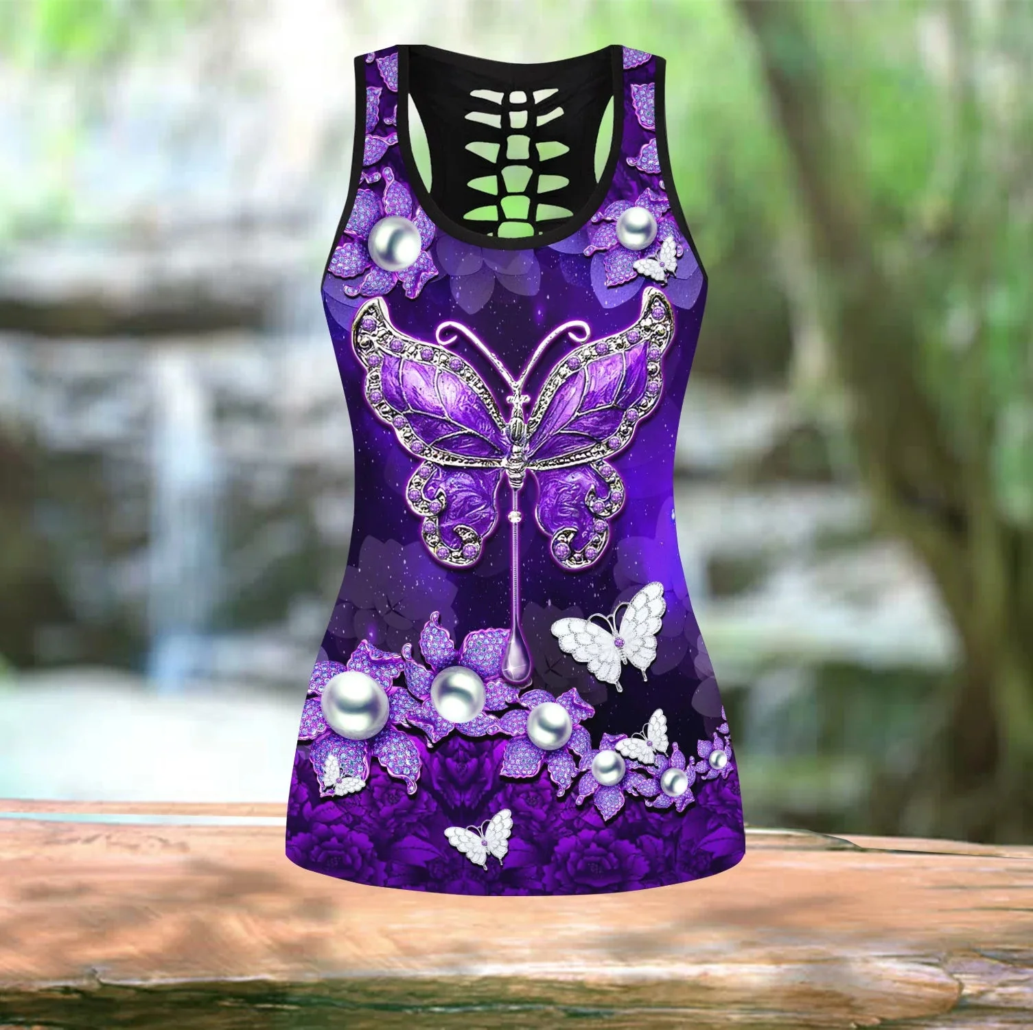 Motyl kolorowy 3D drukowane Hollow Tank Top i komplet legginsów Fitness kobiece legginsy pełnej długości spodnie do biegania jogi DDK110