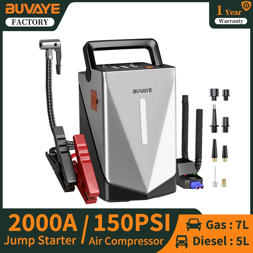 BUVAYE 자동차 점프 스타터 공기 압축기, 공기 펌프, 2000A 배터리 부스터, 150PSI 타이어 팽창기, 에어 베드 보트용 팽창식 펌프 