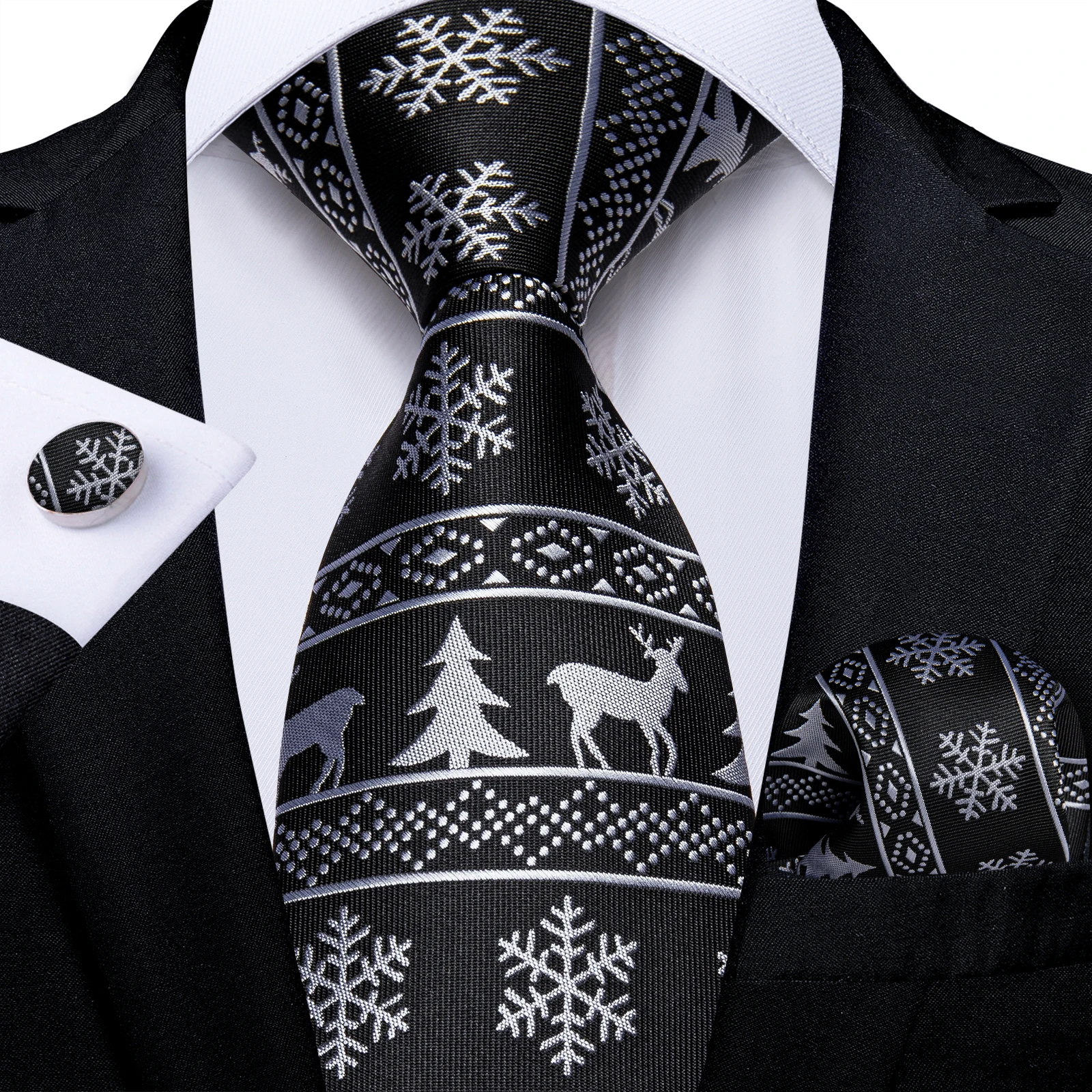 Christmas Silk Ties for Men Lovely Silver Snowflake Elk Party Prom Accessories 8cm Necktie Set Handkerchief Cuffllinks Gift