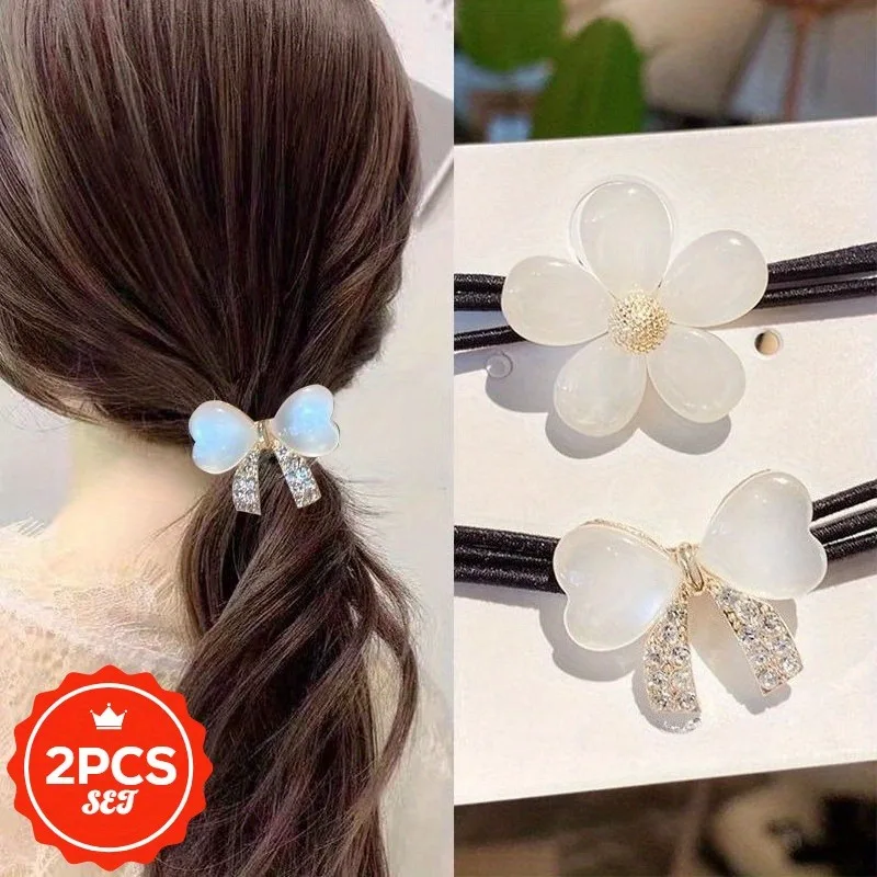 

2Pcs/set Glitter Hair Ties with Cute Floral - High Elastic Shiny Hair Bands for Women, Elegant Ponytail Holders for Daily Use