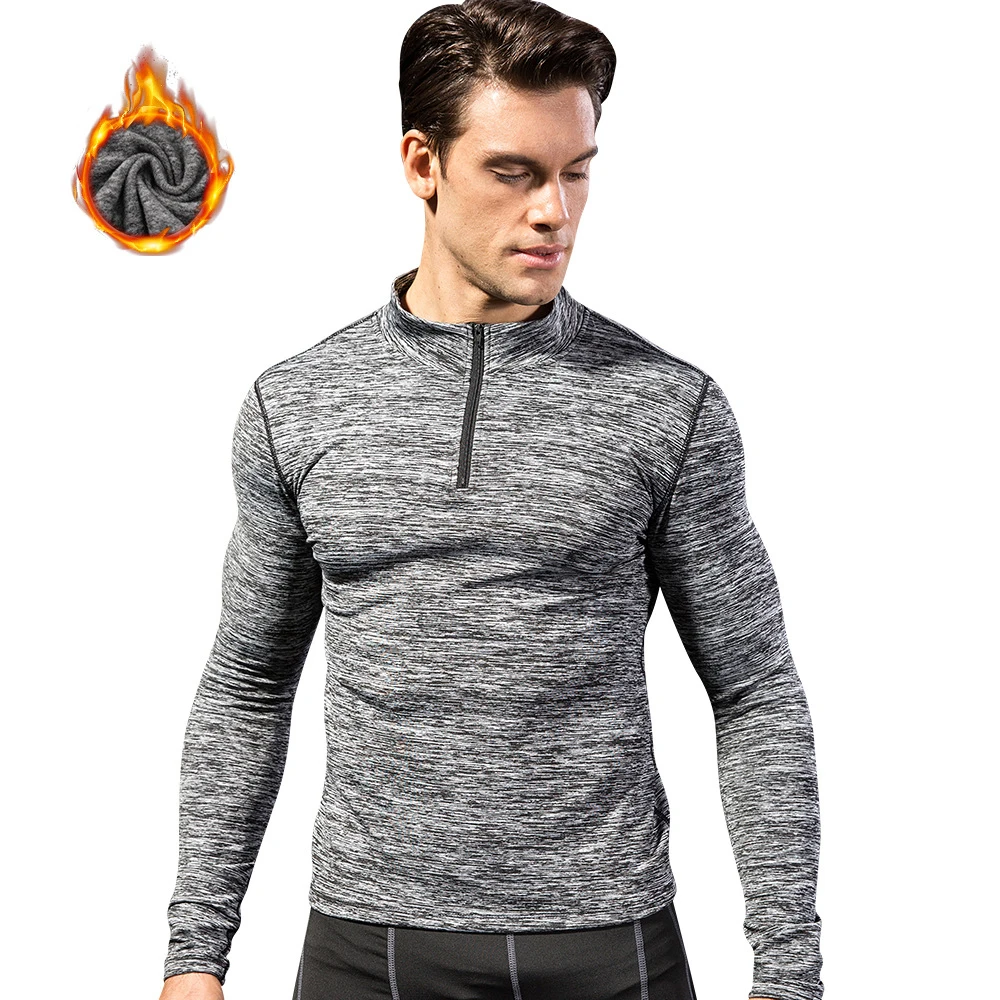 Plus Velvet Zipper Base Long Sleeve Spandex Yoga Top Man Workout Fittness Shirts Bodybuilding Jersey Running Clothing Fitness