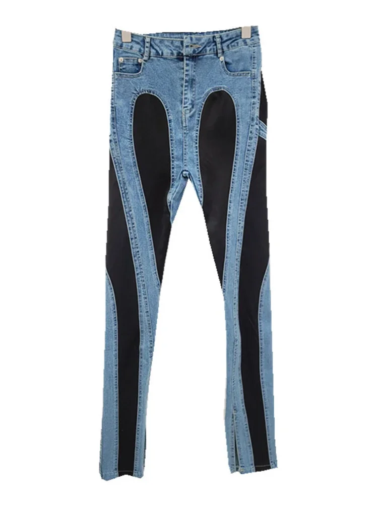 Gesplitste denimbroek voor dames Boot Cut Design Mode Contrastkleuren High Street Jeans Dames 2024 Herfst Nieuw