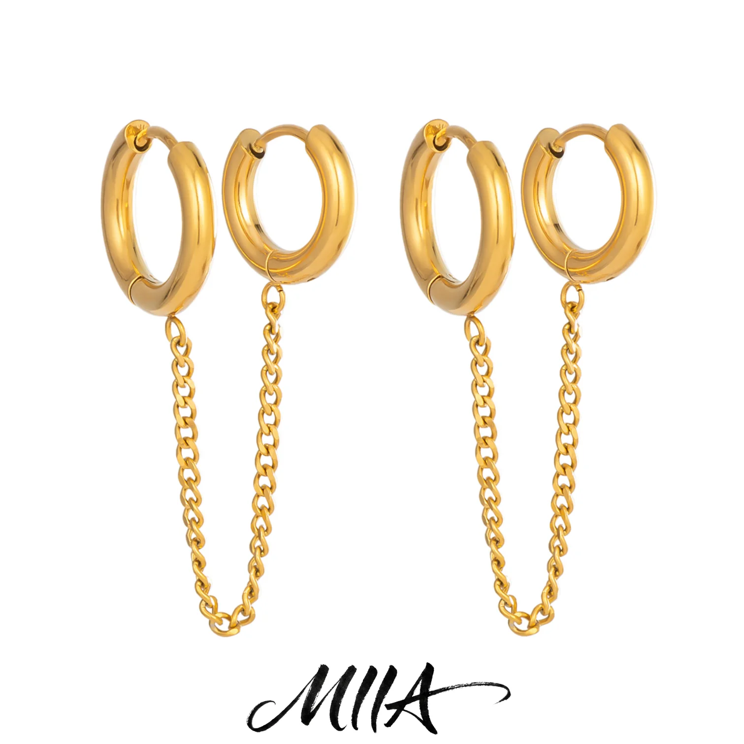 Miia Minimalist Connected Drop Huggie Hoop Earrings 304 Stainless Steel 18K Gold Plated Fashion Jewelry for Women Everyday Wear