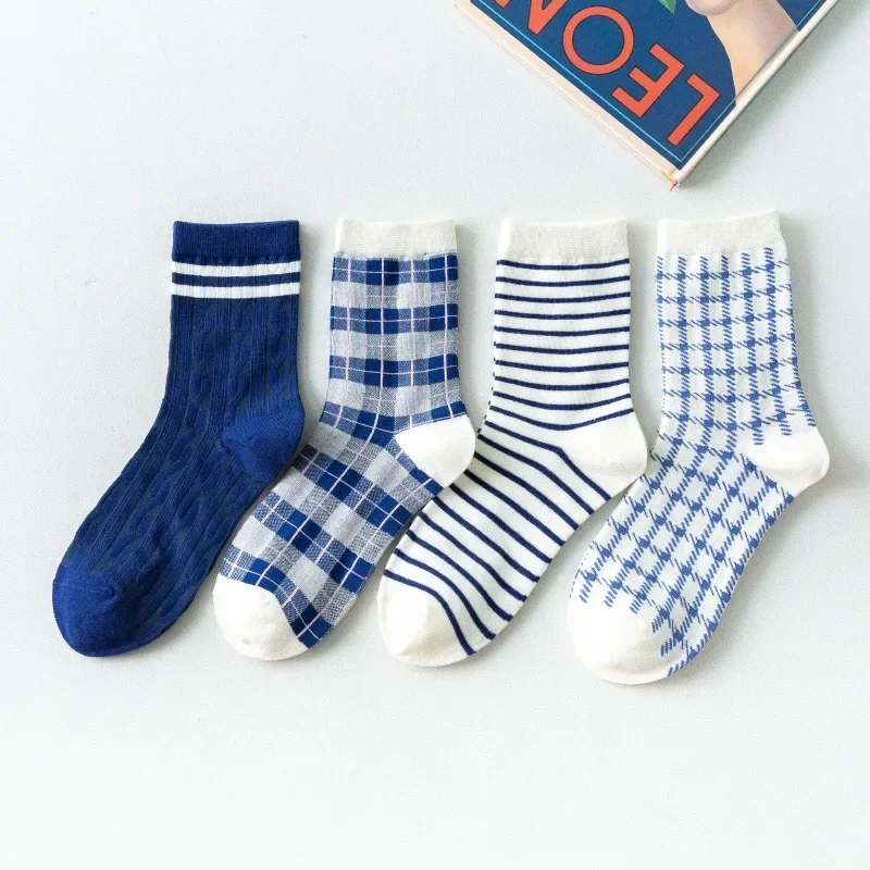 

1/4 PairsBlue Series Thousand Bird Grid Simple Women's Long Socks Comfortable and Versatile Pure Cotton Socks for Casual Use