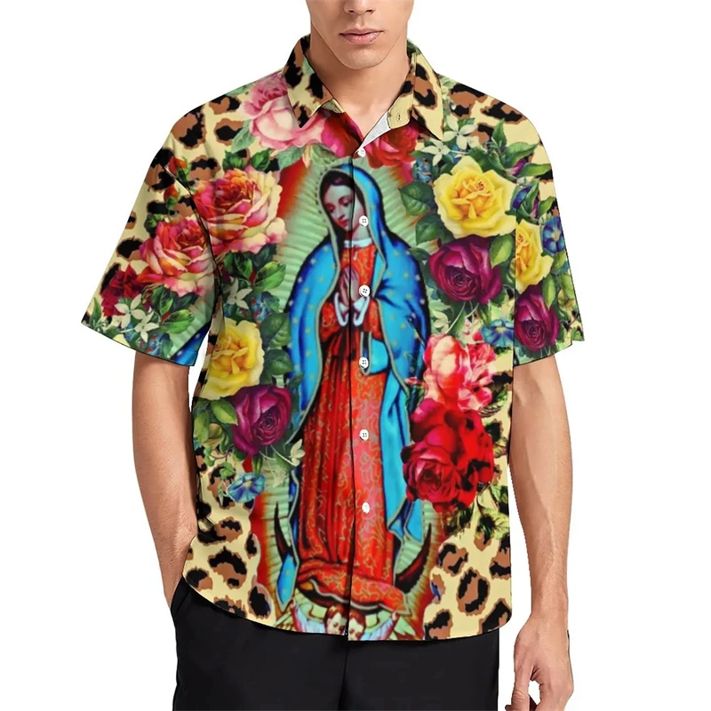 Mary God Jesus Hawalian Shirt For Man Beach Virgin Casual Rainbow Floral Short-Sleeve Stylish Oversize Christianity Sale Clothes