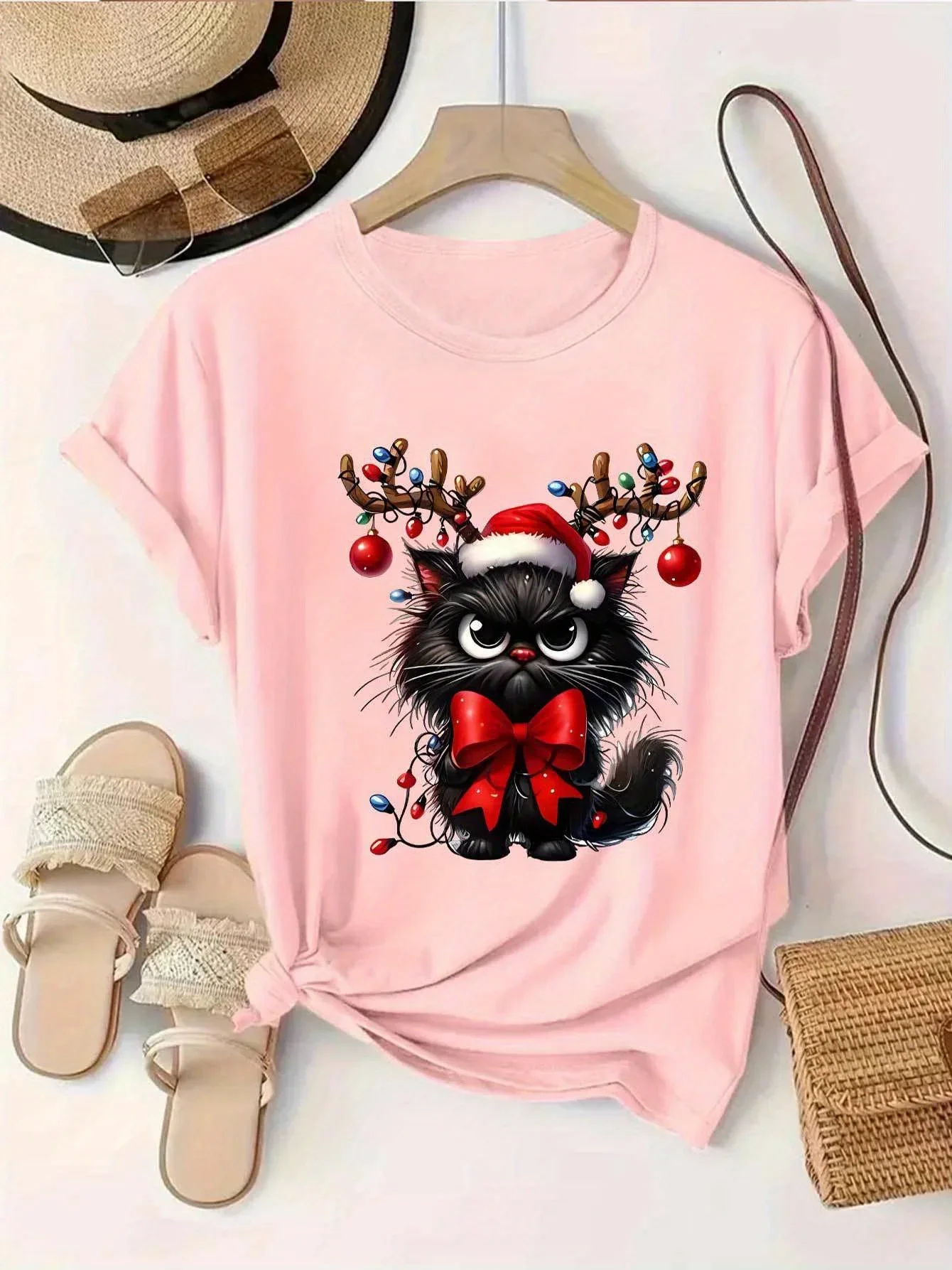 Camiseta navideña con diseño de gato para mujer adorable con un gorro navideño y astasperfecta para fiestas navideñas Harajuku