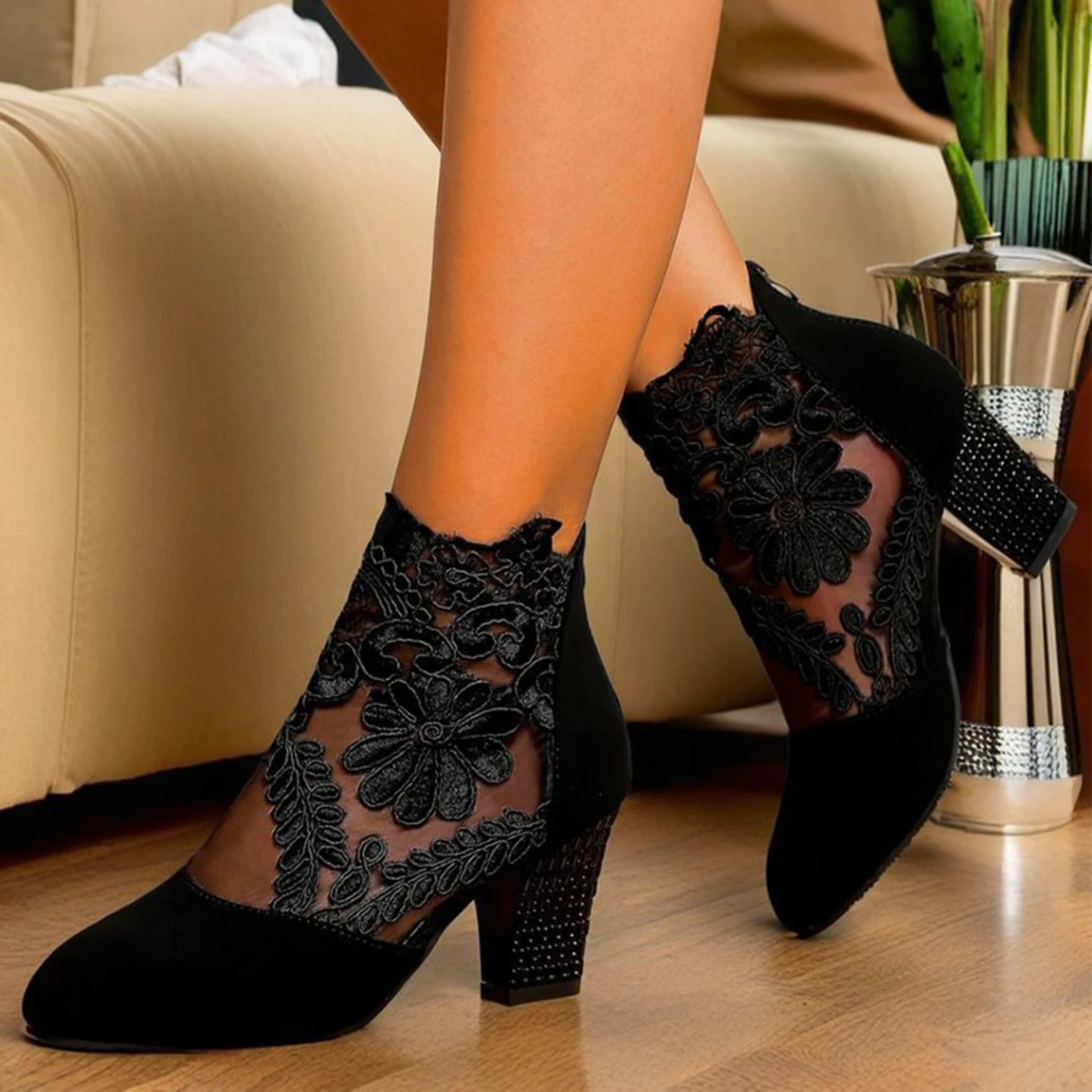 

Black Lace Pumps Block Heel Ankle Boots Lace Floral Pattern Mid Block Heel Sandals for Women Casual Outings