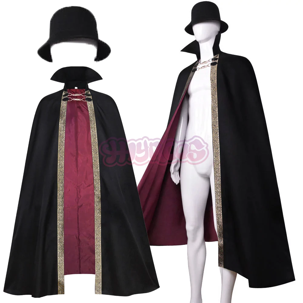 Disfraz de Halloween para niño adulto, capa de Cosplay de vampiro Drácula, sombrero con cuello levantado, capa con borde dorado y hebillas, Horror Medieval