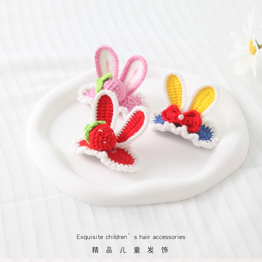 Horquilla tridimensional para niñas terminada, horquilla trenzada de lana, lindas Orejas de conejo para bebé, tocado de ganchillo, flequillo, clip superior