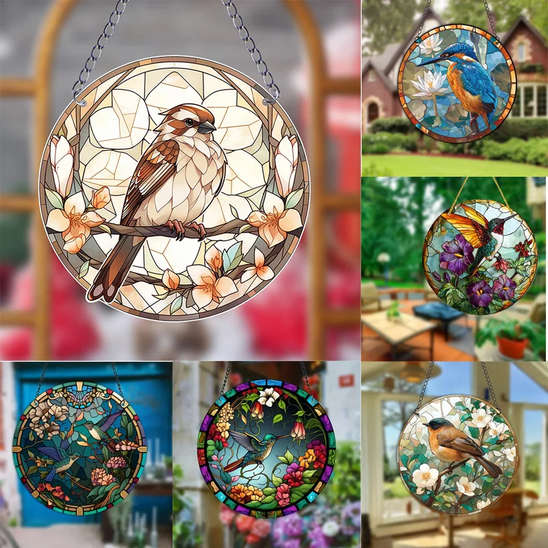 Birds Round Acrylic Stained Hanging Sign Window Suncatcher Pendant for Home Porch Decoration Garden Living Room Office Ornament