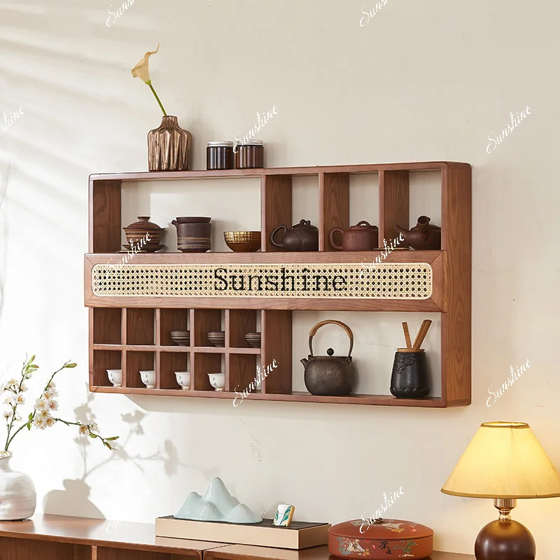 Furniture Silent Wind Rattan Solid Wood Wall Hanging Bogu Storage Ornament Teacup Display Stand  FT