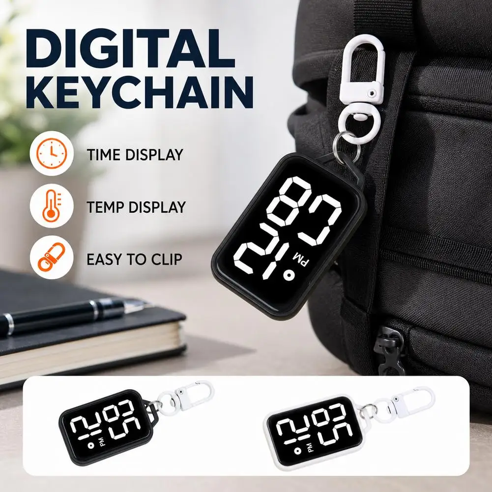 Digital Keychain Watch Temperature Display Portable Mini LED Electronic Clock Backpack Pendant Student Exam Time Check