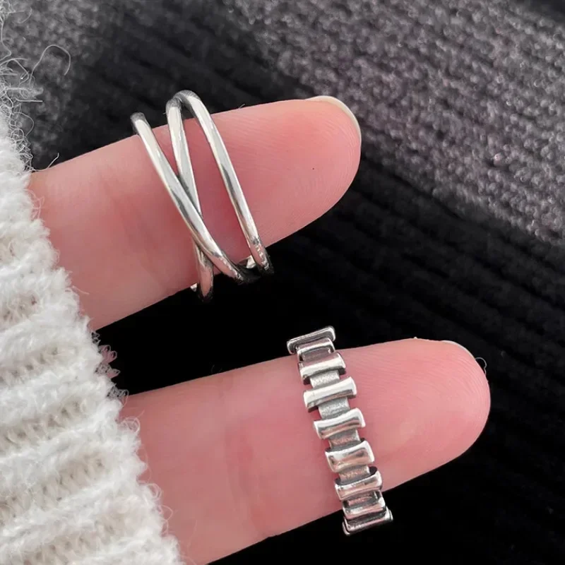 925 Sterling Silver Minimalist Geometric Line Crossing Stripe Opening Adjustable Rings for Women Fine Jewelry Cute Accessories