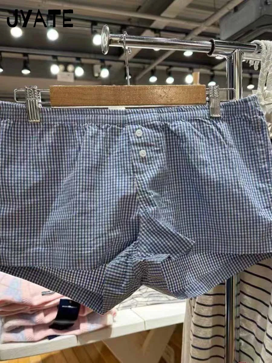 Blaue karierte Druck knöpfe kurze Hose Frauen Sommer neue Baumwolle Straße einfache elastische Taille nach Hause Unterwäsche Vintage lässige y2k Shorts