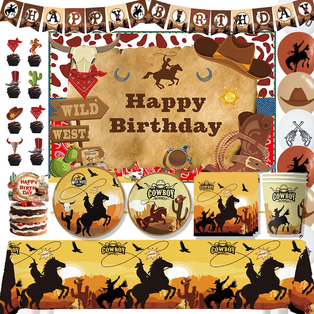 

Western Cowboy Party Supplies Wild Horse Theme Kids Birthday Party Disposable Tableware Plate Balloon Decor Background Baby Gift