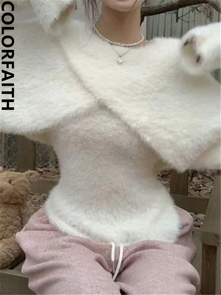 Colorfaith SW9123JX New 2024 Elegant Lady 2 Pieces Sweaters Fashion Vintage Fake Mink Cashmere  Knitted Women Autumn Winter Tops