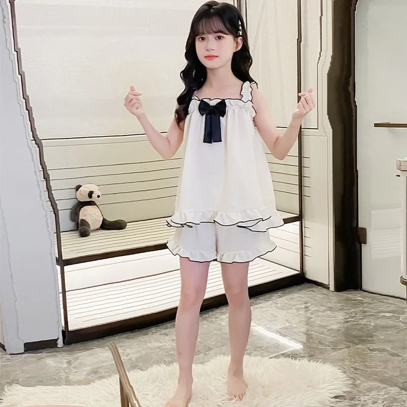 Girls Sleeveless Pajama Set Two-Piece Summer Loose Ice Silk Air Conditioning Sleepwear