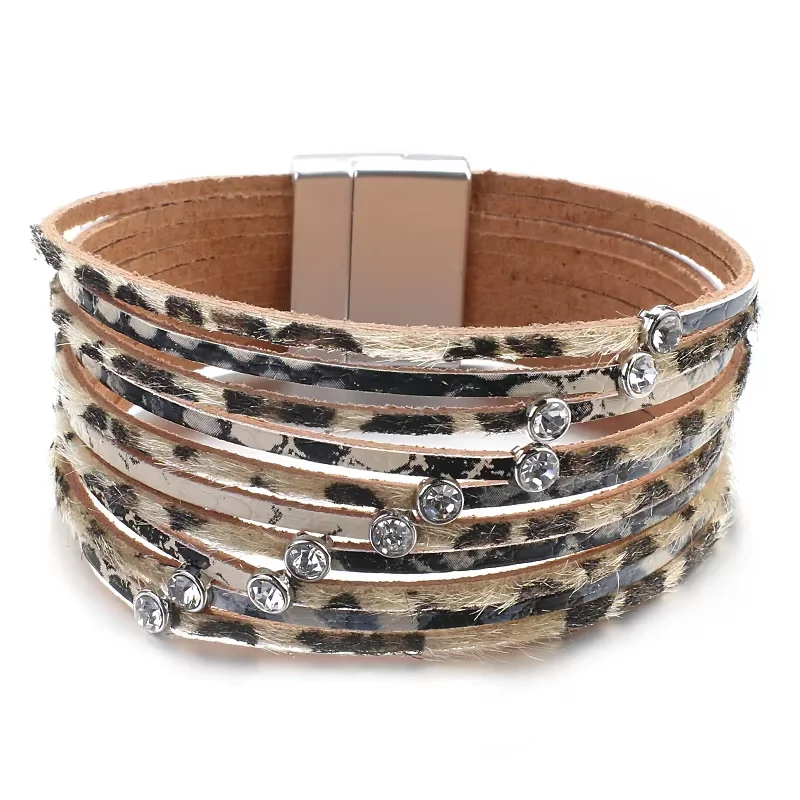 ALLYES Boho Leather Bracelet for Women Multilayer Leopard Wrap Bracelet Crystal Rhinestone Bangle Jewelry Gifts