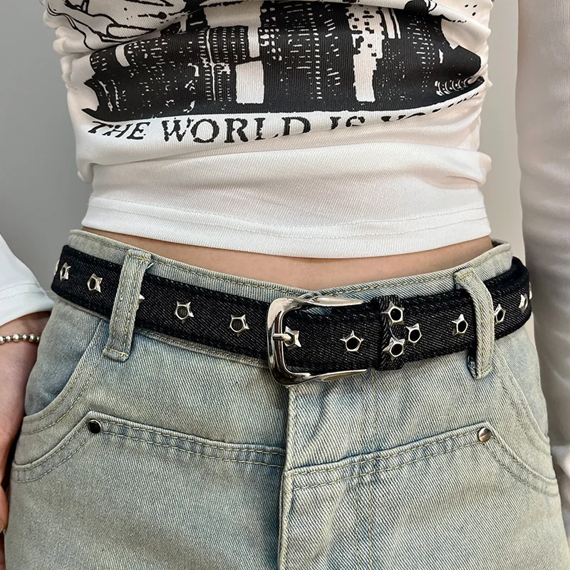 Vintage Y2K Star Studded Denim Belt Women Distressed Jean Adjustable Pin Buckle Decor Waistband