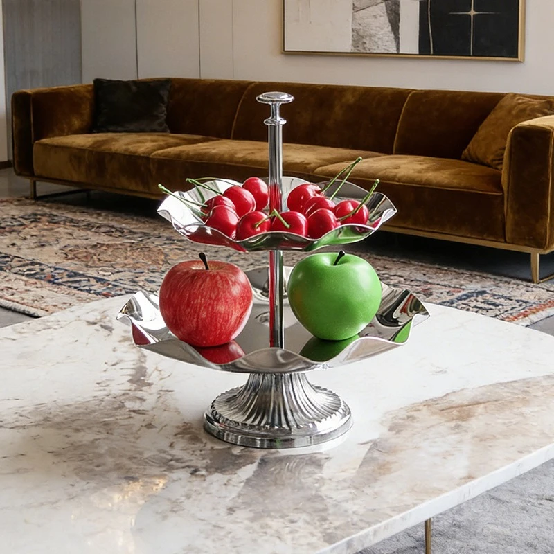 Stainless steel double-layer lace fruit tray Hotel front desk home decoration fruit tray creative