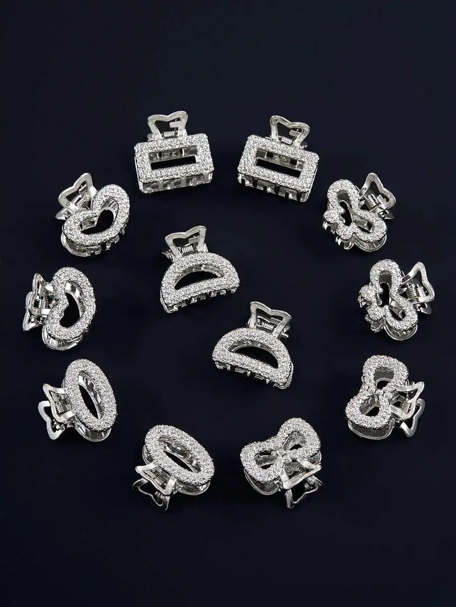 

12pcs Asymmetric Geometric Metal Alloy Hair Claws For Women With Rhinestone Decorations Party Hair Clips