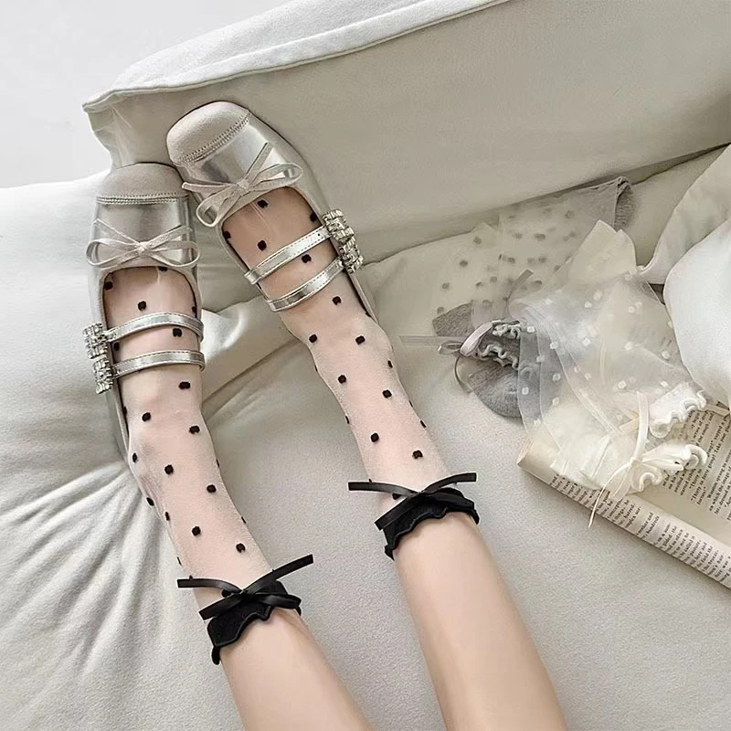 

1Pair Women Socks Lace Lolita Socks Middle Tube Polka Dot Thin Socks Summer Sweet Girl Transparent Breathable Socks