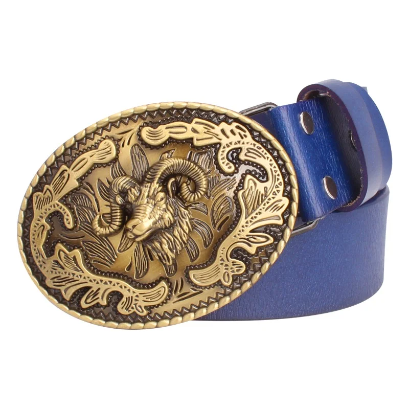 Fashion Belt Sheep Argali Golden Ram Head Buckle Cowskin Leather Goat Pattern Heavy Metal Rock Style Accessories