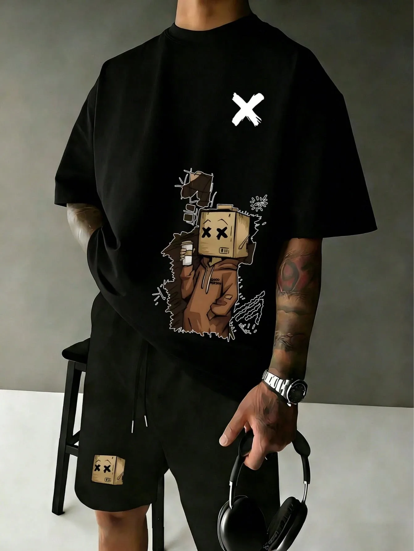

2026 Summer Men's Suit with Wooden Man Print Breathable and Lightweight Casual and Fashionable Outdoor Men's Clothing