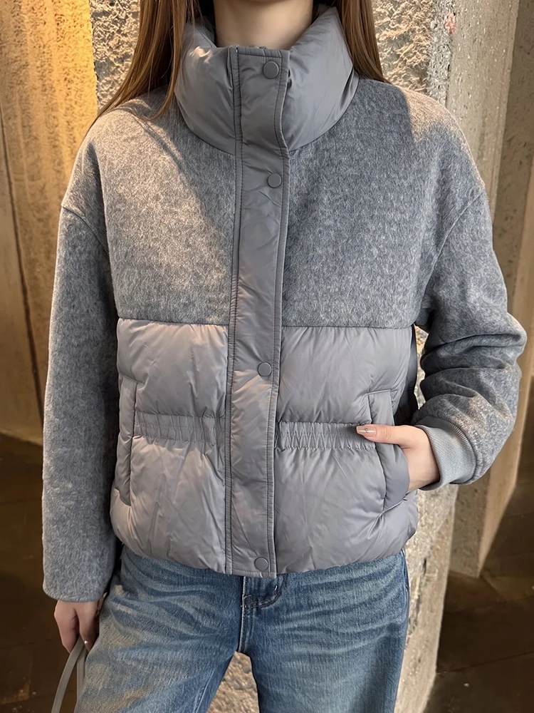 Double-sided wool patchwork down jacket, 2026 autumn/winter new thickened warm stand-up collar long-sleeved women's down jacket