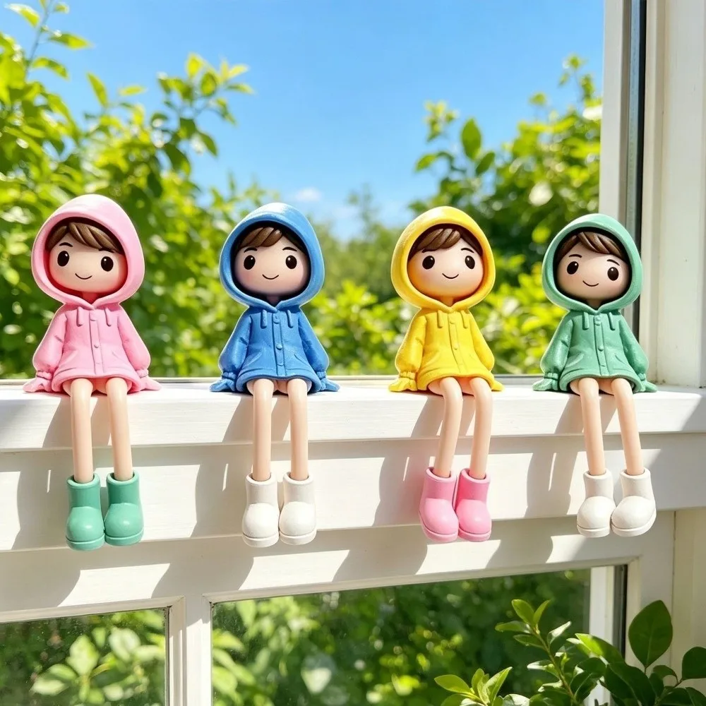 4Pcs PVC Raincoat Doll Figurine Set Long Legged Rain Boots Miniature Hoodie Girl Figure Hand Painted Anti-Drop