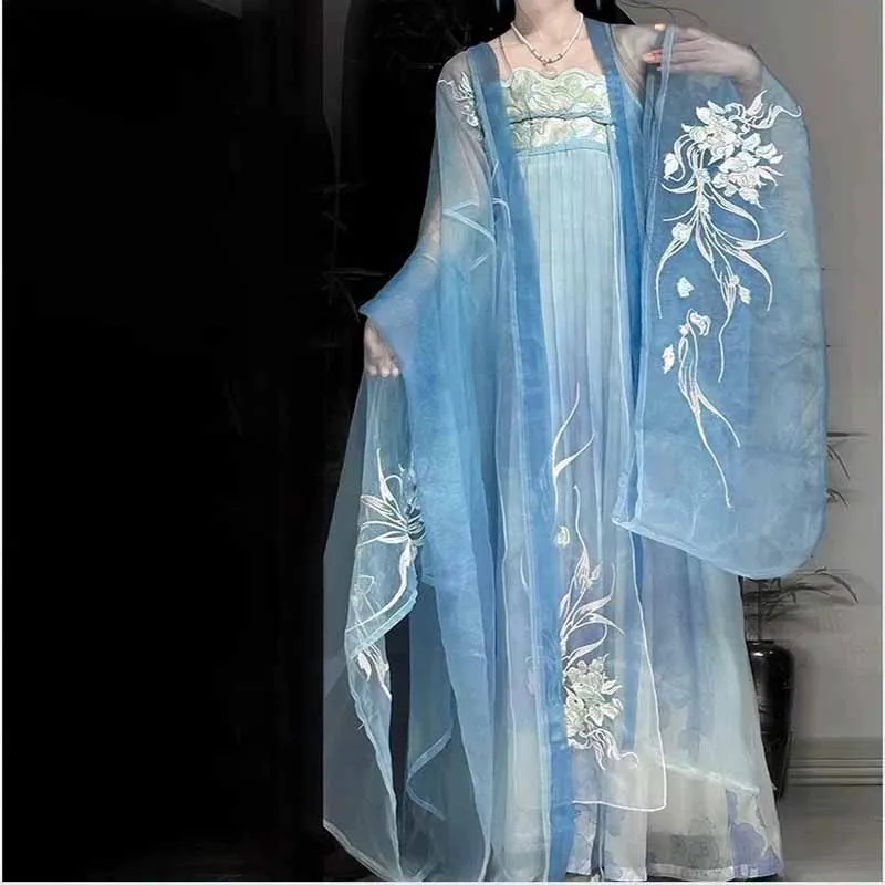 Chinese Hanfu Dress Women Traditional Embroidery Hanfu Female Carnival Fairy Cosplay Costume Hanfu Gradient Blue Purple Dress