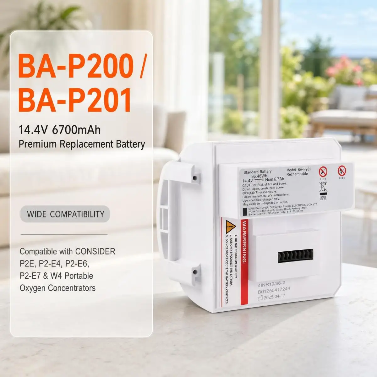 BA-P200 BA-P201 14.4V 6700mAh Replacement Battery Compatible with CONSIDER P2E P2-E4 P2-E6 P2-E7 W4 Portable Oxygen Concentrator