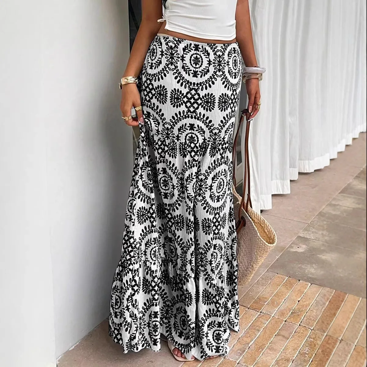 

Летняя женская повседневная атласная юбка 2026 года с принтом, широкими штанинами и низкой талией
