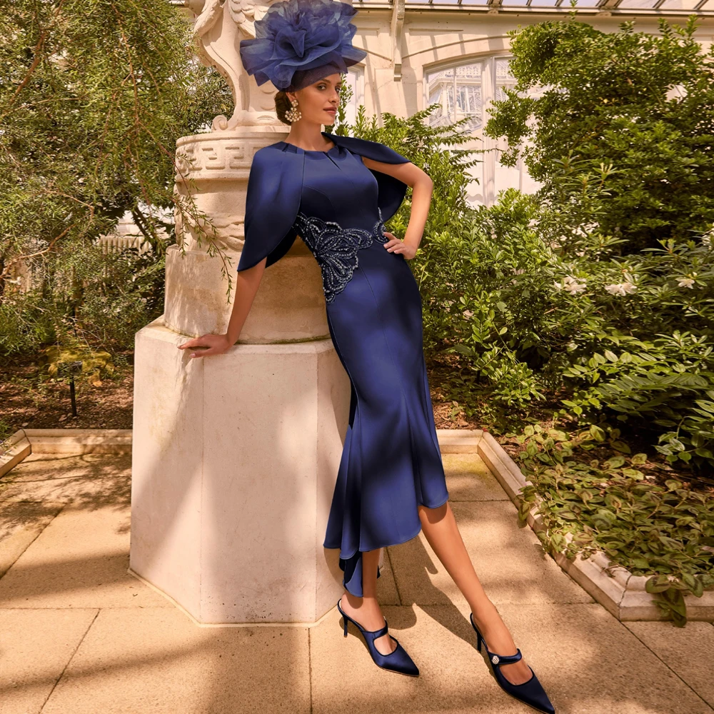 Elegant Navy Blue Mother of the Bride Dresses with Cape O Neck Wedding Party Gowns Appliques Tea-Length Mermaid 2024 فستان سهرة