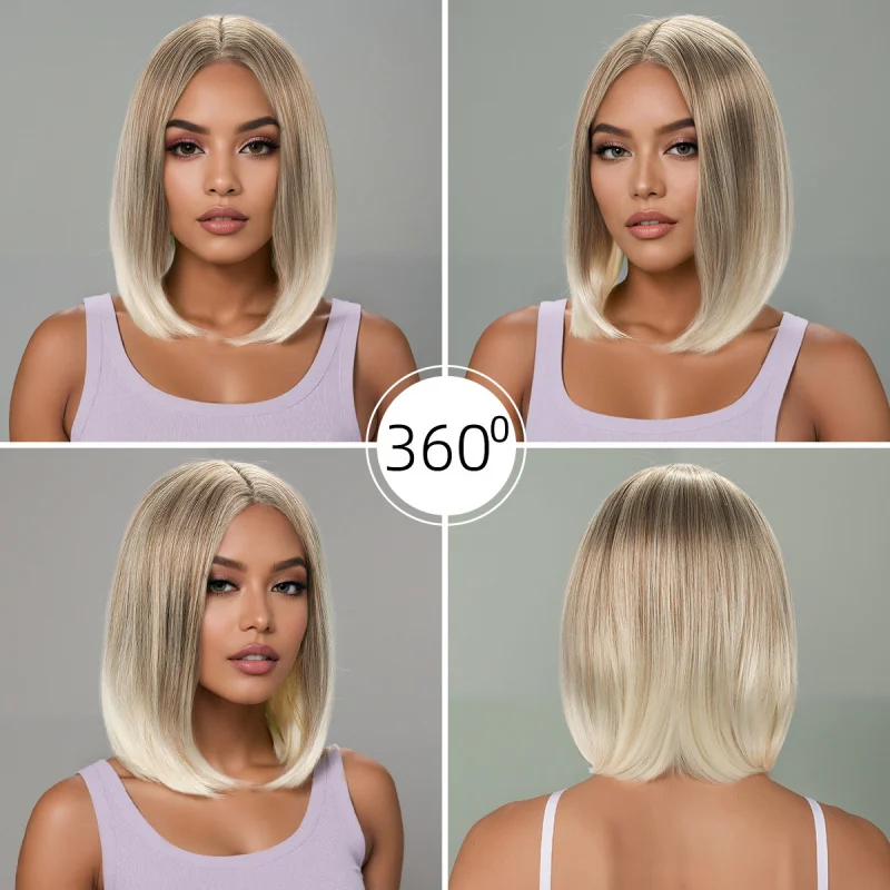 Women's wig, European and American , golden , short straight synthetic hair, middle-parted bobo style, golde