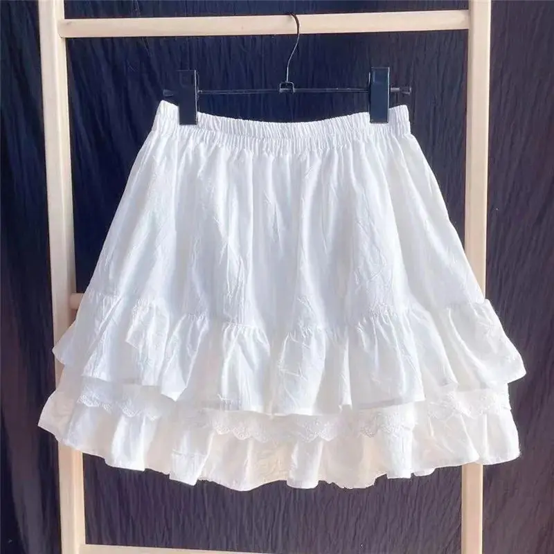 

High Waist Ruffles Lace Patchwork Cotton White Skirt Women's Faion Spring Autumn A-Line Skirt Ele Casual Skirt
