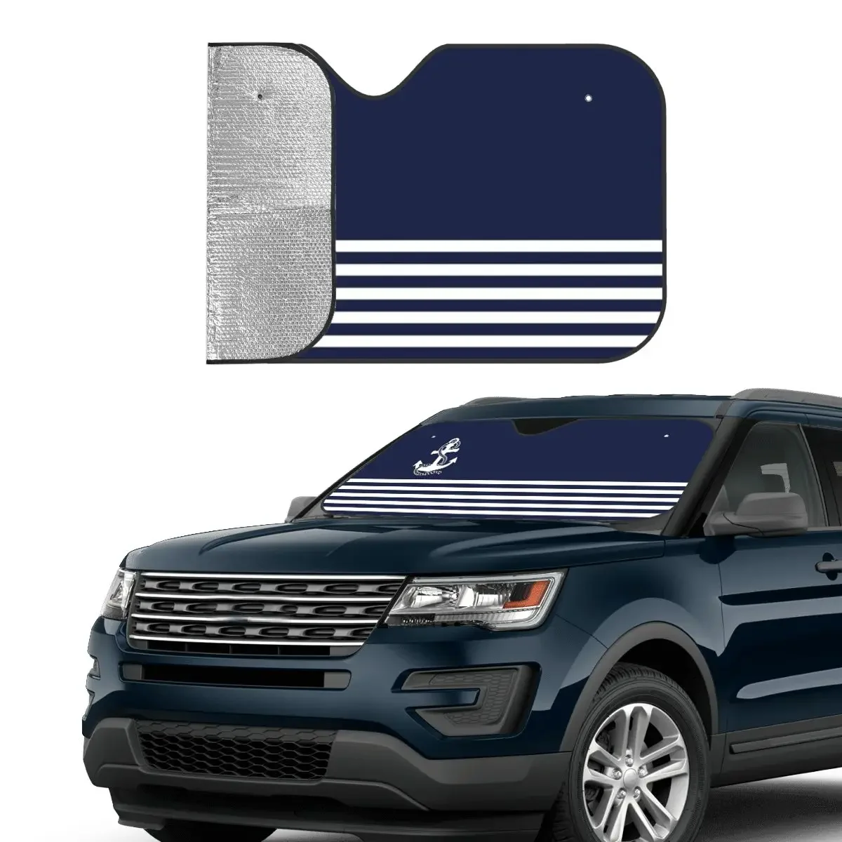 Nautical Navy Blue Stripes And White Anchor Polyester Windshield Sunshade 76x140cm Foils Sunshade Visor Car-styling