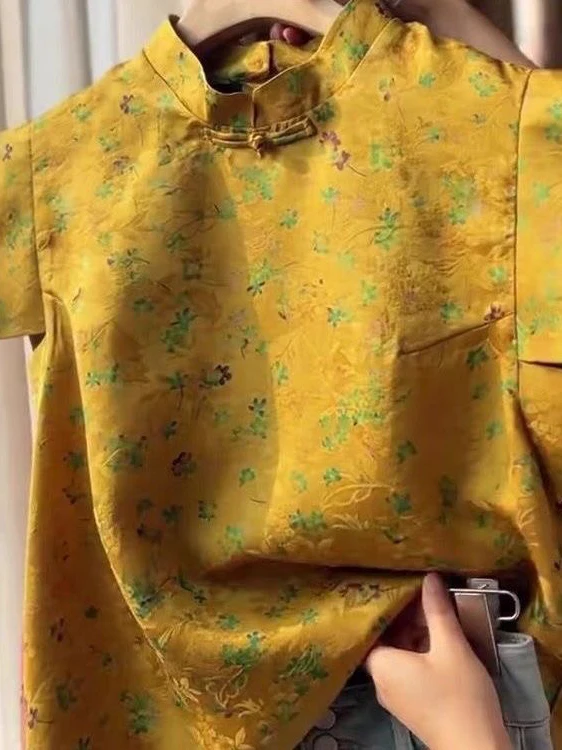 

New Chinese Sle Reformed Qipao Collar Zen Pink Print Top Summer Design Small Flng Sve irt Loose Fit ort Sve