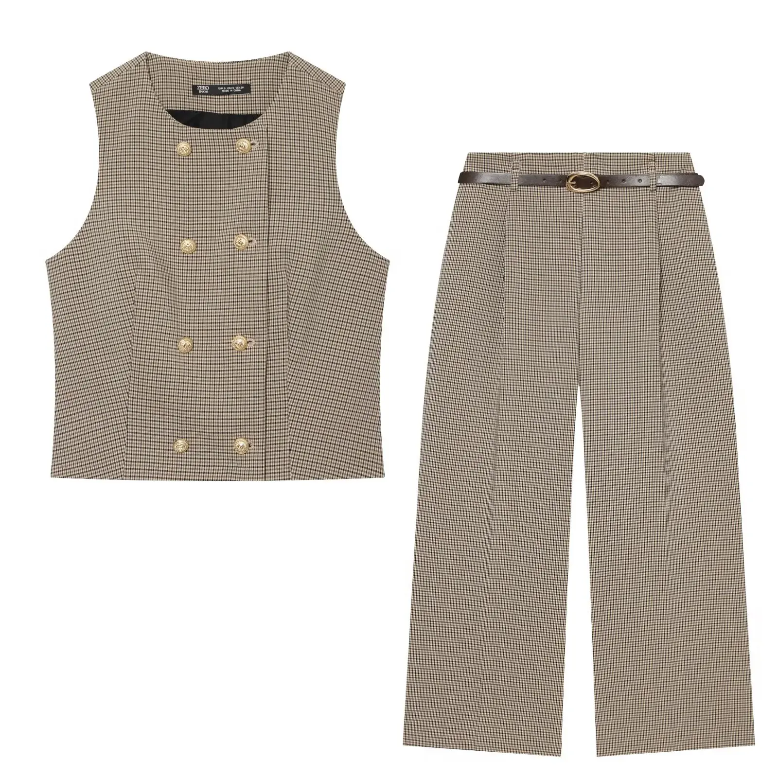 BSAY 2026 Vintage Büro-Damenanzug mit kariertem, doppelreihigem, kurz geschnittenem Gilet und hochtaillierter, weit geschnittener Hose mit Gürtel. – Detail 3