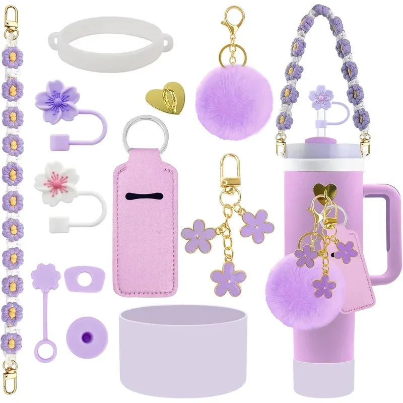 

12pcs tumbler accessories set for 30oz 40oz cups, handle strap straw toppers silicone boot charms keychain decorations
